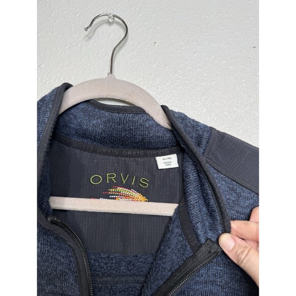 Orvis Men’s XL Blue Knit Fleece Lined Fishing Vest Full Zip Woven Panels - Picture 2 of 3